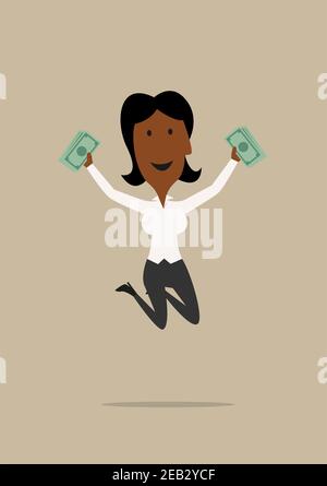 Felice eccitata donna d'affari afroamericana che salta con i pacchetti del dollaro nelle mani. Per ricchezza, successo o disegno di indennità. Stile piatto cartoon Illustrazione Vettoriale