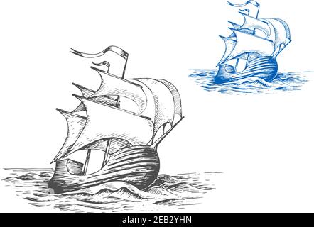 Nave alta in legno medievale sotto le vele piene facendo manovra di svolta nell'oceano tempestoso, per avventura marina o design di viaggio. Stile di schizzo Illustrazione Vettoriale