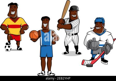 Allegri giocatori di calcio afroamericano, basket, baseball e hockey su ghiaccio personaggi cartoon con palle, pack, bat e bastone, per mascotte sportive o. Illustrazione Vettoriale