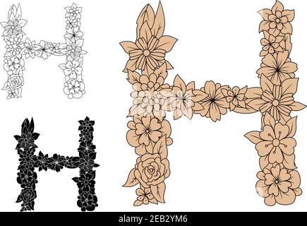 Caratteri alfabetici fioriti della lettera maiuscola H, ornati da fiori e foglie in fiore, per monogramma o design romantico Illustrazione Vettoriale