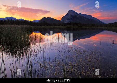 Luce serale a Vermillion Lakes e Mount Rundle nel Banff National Park, Canada Foto Stock