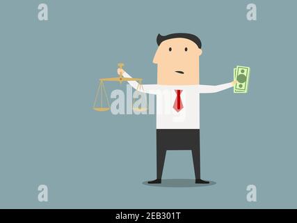 Cartoon confuse uomo d'affari scegliendo tra giustizia e denaro corrotto con dollari e scale in mani, per corruzione concept design Illustrazione Vettoriale