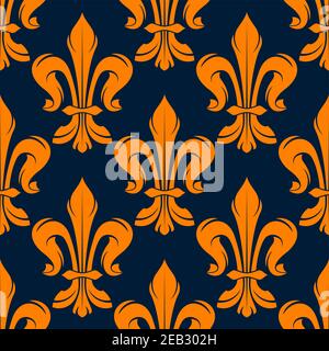 Motivo floreale vittoriano senza cuciture con fleur d'arancio medievale de lis fiori su sfondo blu scuro Illustrazione Vettoriale