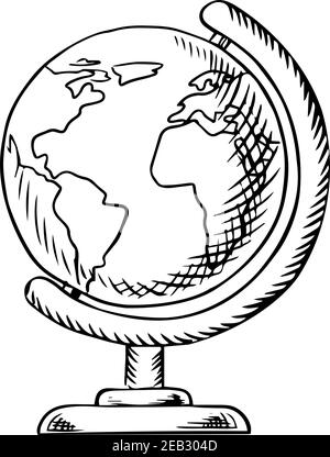 Globo moderno con continenti, oceani e mari sul desktop stand, icona di schizzo per l'istruzione o progettazione di temi scolastici Illustrazione Vettoriale