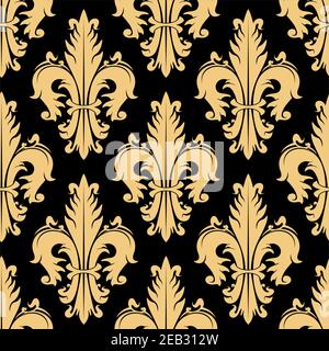 Lussuoso motivo floreale reale dorato senza cuciture di simboli stilizzati fleur-de-lis su sfondo nero. Può essere utilizzato in interni o design tessile Illustrazione Vettoriale