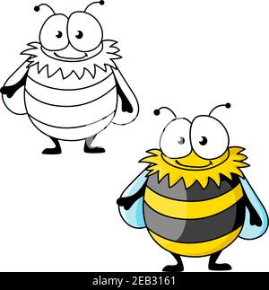 Simpatico personaggio fumetto bumblebee con strisce di furry gialle e nere. Isolato su bianco, con versione a profilo Illustrazione Vettoriale
