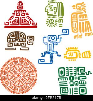 Antichi totem maya e azteco o segni religiosi con colorati simboli di sole, uccello, serpente, tartaruga, pesce, lucertola, piramide e guerriero. Per tatuaggio o. Illustrazione Vettoriale