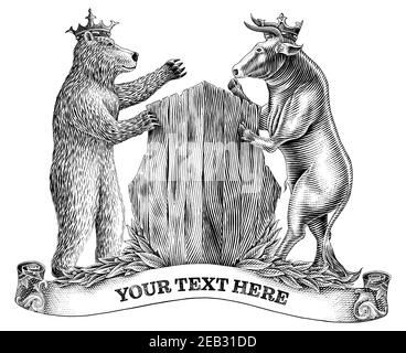 Bull e Bear combattono a mano disegnare un nero stile incisione vintage e clip art bianco isolato su sfondo bianco Illustrazione Vettoriale