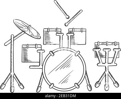 Drum set sketch con kit tradizionale di basso drum, due telai appesi, batteria di serpente, pavimento tom e giro Cymbal. Oltre a musica, arte o intrattenimento de Illustrazione Vettoriale