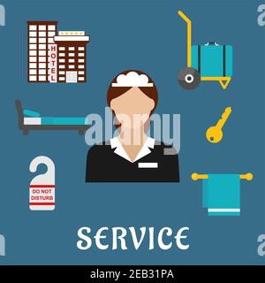 Servizi dell'hotel icone piatte con cameriera in elegante uniforme, circondato da edificio dell'hotel, bagagli, chiave, non disturbare tag porta, comodo letto e asciugamano Illustrazione Vettoriale