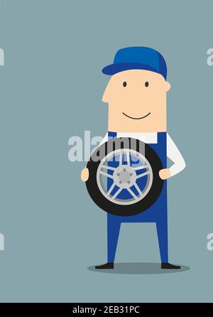 Meccanico di servizio auto Cartoon in tute blu e tappo che tiene la ruota. Buon concetto di servizio Illustrazione Vettoriale