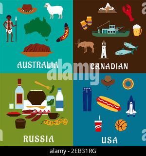 Russia, Canada, Stati Uniti e Australia viaggiano icone piatte con cultura tradizionale, storia, industria, punto di riferimento, natura e elementi della cucina nazionale Illustrazione Vettoriale