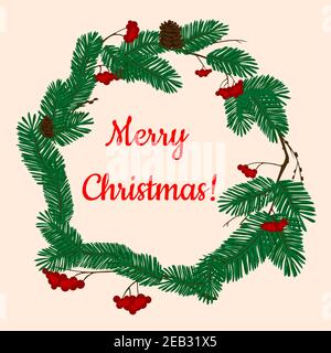 Corona di Natale decorata da rami verdi di pino e abete alberi con coni e mazzi di bacche di agrifoglio rosso con Texte sur Merry Christmas Illustrazione Vettoriale