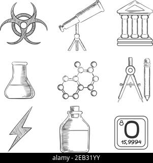 Scienza e chimica abbozzi icone e simboli con telescopio, matraccio e tubero, bussole, atomo, tempio antico, radiazioni e segni di potere. Schizzo s Illustrazione Vettoriale