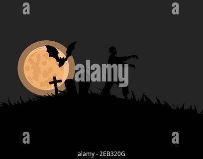 Silhouette nera di zombie che cammina sul cimitero vettore piatto illustrazione. Un paesaggio da incubo spaventoso con il malvagio uomo morto a piedi, mostro non morto e lapide. Sfondo di Halloween. Illustrazione Vettoriale