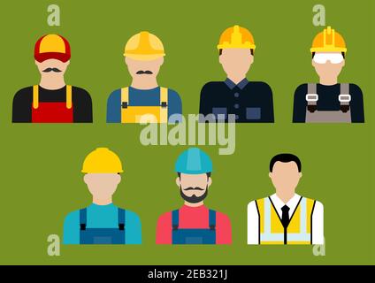 L'industria della costruzione e del servizio professioni icone piatte o avatar con costruttori, ingegneri, architetti, elettricisti, idraulici, falegnami e muratori in u Illustrazione Vettoriale