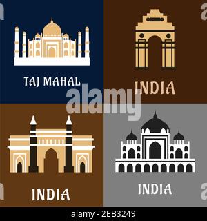 Architettura indiana e monumenti icone piatte di edifici storici e di culto come Taj Mahal, India Gate e Gateway of India memoriali, Humayun empe Illustrazione Vettoriale