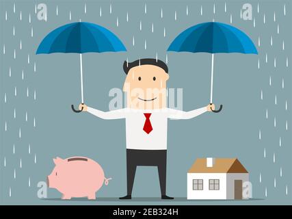 Cartoon felice uomo d'affari tiene ombrelloni sopra casa e piggy banca. Risparmio di denaro e concetto di investimento Illustrazione Vettoriale