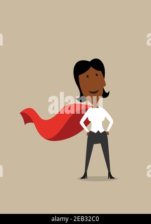 Cartone animato sicuro eroe afroamericano businesswoman con mantello rosso, pronto per il successo commerciale Illustrazione Vettoriale