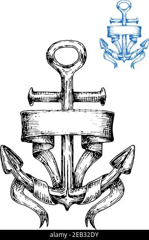 Tassello marino vintage avvolto con banner a nastro vuoto, stile schizzo. Può essere utilizzato per simboli nautici o per la progettazione di araldici navy Illustrazione Vettoriale
