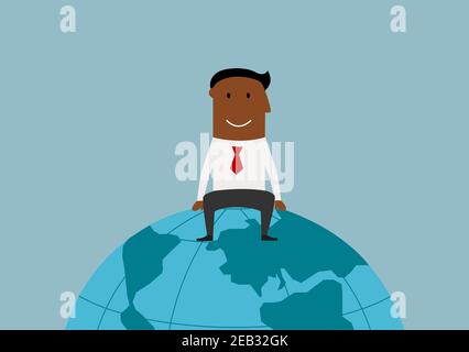 Cartoon felice sorridente uomo d'affari afro-americano di successo seduto sul globo terrestre, per il business internazionale o il design di concetto di mercato globale Illustrazione Vettoriale
