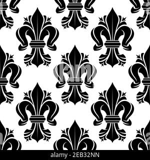 Motivo floreale in fleur-de-lis bianco e nero senza cuciture con gigli arricciati. Utilizzo di carta da parati, tessuti o interni Illustrazione Vettoriale