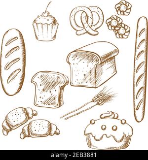 Le icone di schizzo di panetteria sono isolate sullo sfondo per la progettazione di un menu di caffè, ristorante o pasticceria Illustrazione Vettoriale