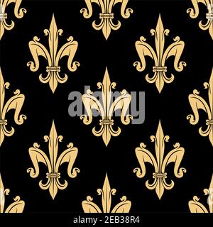 Lussuoso motivo fleur-de-lis dorato senza cuciture con ornamento floreale reale su sfondo nero. Utilizzo per carta da parati o design tessile interno Illustrazione Vettoriale