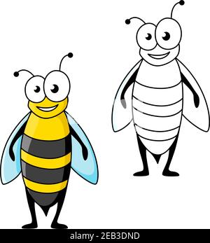 Allegro personaggio di wasp cartoon sorridente con addome a righe nere e gialle e ali lunghe. Insetto divertente per bambini libro o progetto mascotte di squadra Illustrazione Vettoriale