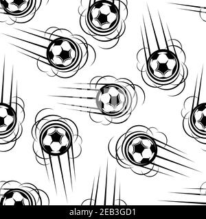 Palline da calcio o da calcio volanti motivo senza cuciture con percorsi di movimento su sfondo bianco Illustrazione Vettoriale