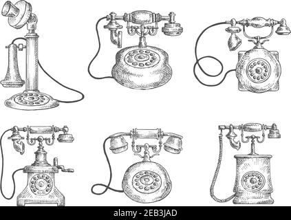 Telefoni vintage con quadrante rotante icone isolate, oggetti stile schizzo. Per telecomunicazioni o progettazione retrospettiva Illustrazione Vettoriale