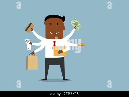 Progettazione di concept multitasking per uomini d'affari e acquisti. Gestore cartoon con molte mani che tengono borsa della spesa, scatola regalo, carta di credito bancario, bollette del dollaro, Illustrazione Vettoriale