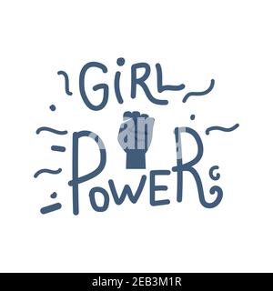 Girl power quote with female fist vector flat card template. Lettering with feminist slogan or phrase. Women empowerment movement, feminism, sisterhood, International Woman Day concept. Illustrazione Vettoriale