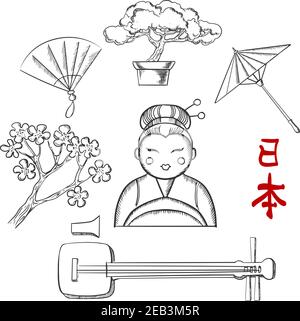 Icone di viaggio e di schizzo culturali giapponesi con fiori di ciliegio, fan, bonsai, ombrello e calligrafia intorno a una ragazza geisha con testo Giappone sotto Illustrazione Vettoriale