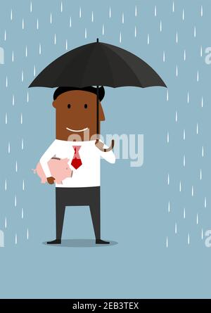 Cartone animato uomo d'affari che protegge la banca piggy con i soldi dalla pioggia sotto ombrello. Utilizzo della protezione da crisi finanziaria e risparmio Illustrazione Vettoriale