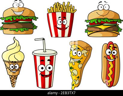 Allegro cartone animato fast food hamburger, cheeseburger, pizza, hot dog con senape, cono gelato, patatine fritte e bevanda analcolica in carta a strisce da asporto Illustrazione Vettoriale