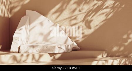 Podio Premium, stand in lastre di pietra con copistino. Ombrellone ombra su parete beige. rendering 3d sfondo cosmetico astratto minimo per la presentazione del prodotto. Foto Stock