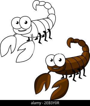 Carino piccolo personaggio marrone scorpione cartoon con coda curva, che termina con stinger. Libro per bambini, astrologia, zodiaco o uso di progettazione mascotte. Anche tu Illustrazione Vettoriale
