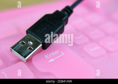 Tastiera per PC, colore rosa. Dettagli sulla chiavetta USB Foto Stock