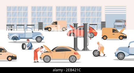 Illustrazione piatta del vettore di assistenza, riparazione e manutenzione dell'automobile. Il meccanico auto ispeziona l'automobile, ripara le ruote, ripara i problemi del veicolo. Il team dei lavoratori si occupa della messa a punto e della riparazione delle vetture Illustrazione Vettoriale