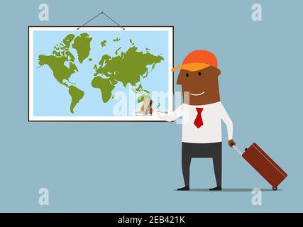 Felice uomo d'affari cartone animato con valigia in piedi vicino mappa del mondo e pianificazione vacanza banca carta di credito in mano. Ottimo per viaggi e turismo a tema con Illustrazione Vettoriale