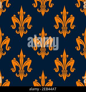 Motivo fleur-de-lis arancione senza cuciture su sfondo blu. Per l'utilizzo di carta da parati o design tessile Illustrazione Vettoriale