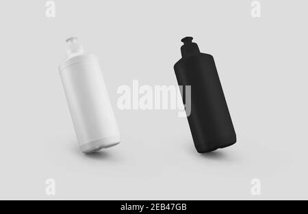 Modello per vasetto detergente bianco, nero, contenitore in plastica con coperchio push-pull, per la presentazione del design. Bottiglia di marca mockup isolata sullo sfondo. Impostazione Foto Stock