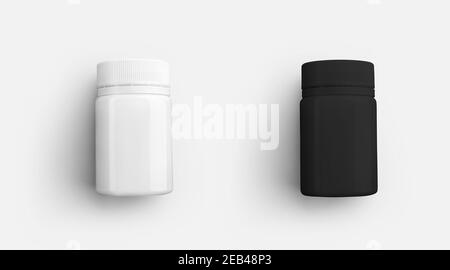 Mascherina in plastica vuota scatola lucida per vitamine, compresse, bianco, vaso nero con coperchio, isolato su sfondo. Set di flaconi per la presentazione del progetto. Foto Stock