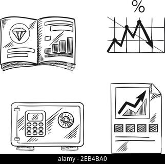 Icone di schizzo di finanza, investimenti e banche con grafico a barre finanziario, grafico a linee del tasso di interesse bancario, tendenze del mercato dei metalli preziosi e sicuro con d Illustrazione Vettoriale