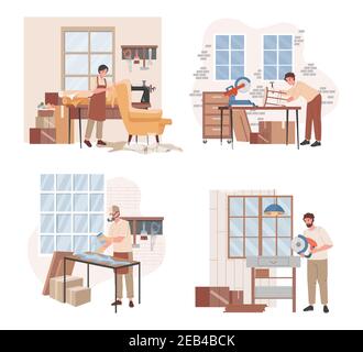 Set di capesante che fa mobili vettore illustrazione piatta. Gruppo di falegnami assembla poltrona, ripieno tavolo in legno con acrilico, segatura tavola in legno per la realizzazione di mobili in legno. Illustrazione Vettoriale