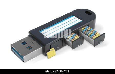 Unità flash USB. Archivio con file e cartelle in un archivio elettronico. Isolato su sfondo bianco. rendering 3d. Foto Stock