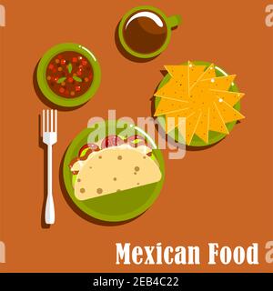 Cucina messicana pranzo icone piatti di tacos tradizionali con maiale fritto, pomodoro e lattuga su tortillas di mais, nachos, salsa di salsa piccante e tazza di caffè Illustrazione Vettoriale