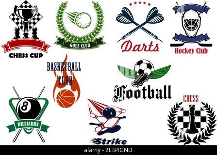 Calcio o calcio, golf, hockey su ghiaccio, pallacanestro, bowling, scacchi, biliardo e freccette emblemi sportivi con elementi araldici e oggetti sportivi Illustrazione Vettoriale