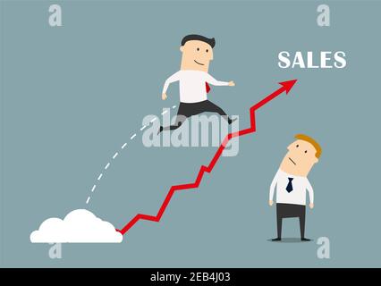 Uomo d'affari sicuro che salta fino al successo sopra una vendita crescente. Concetto di business per passare al successo o alla crescita Illustrazione Vettoriale